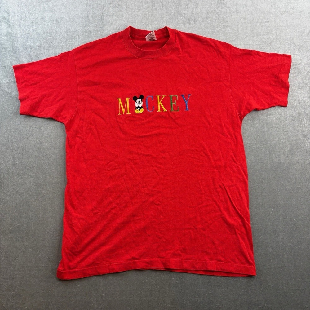 Vintage‎ Mickey Mouse Embroidered T Shirt Red Disney Graphic Mens XL